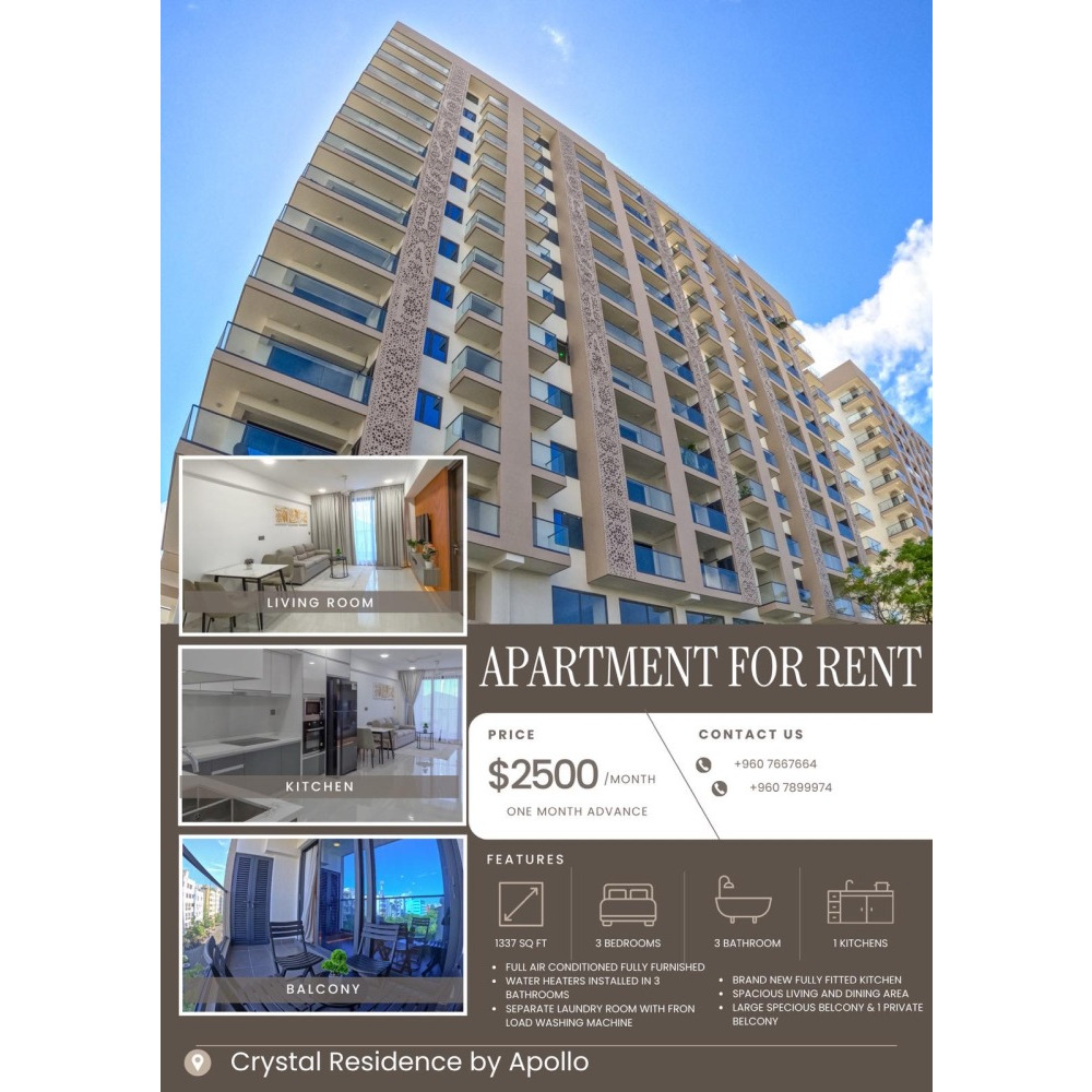 For Rent: Premium 3-Bedroom High-Rise Apartment | Crystal Residence by Apollo — Hulhumalé