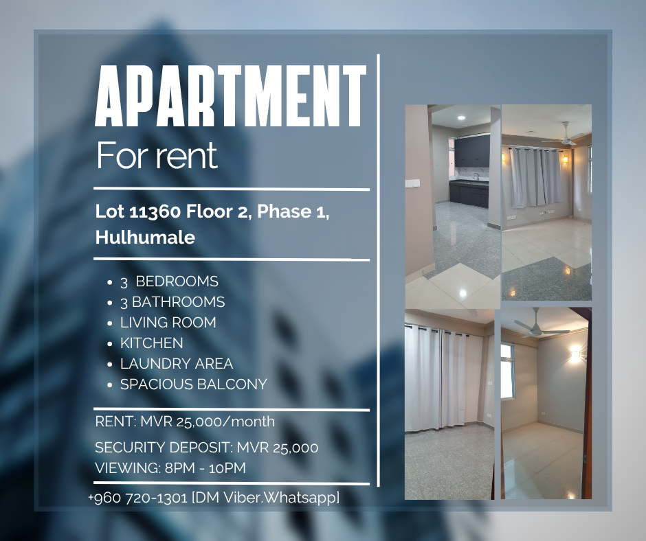 3 Bedroom Apartment for Rent (Text on Viber & Watsapp for viewing) — Hulhumalé