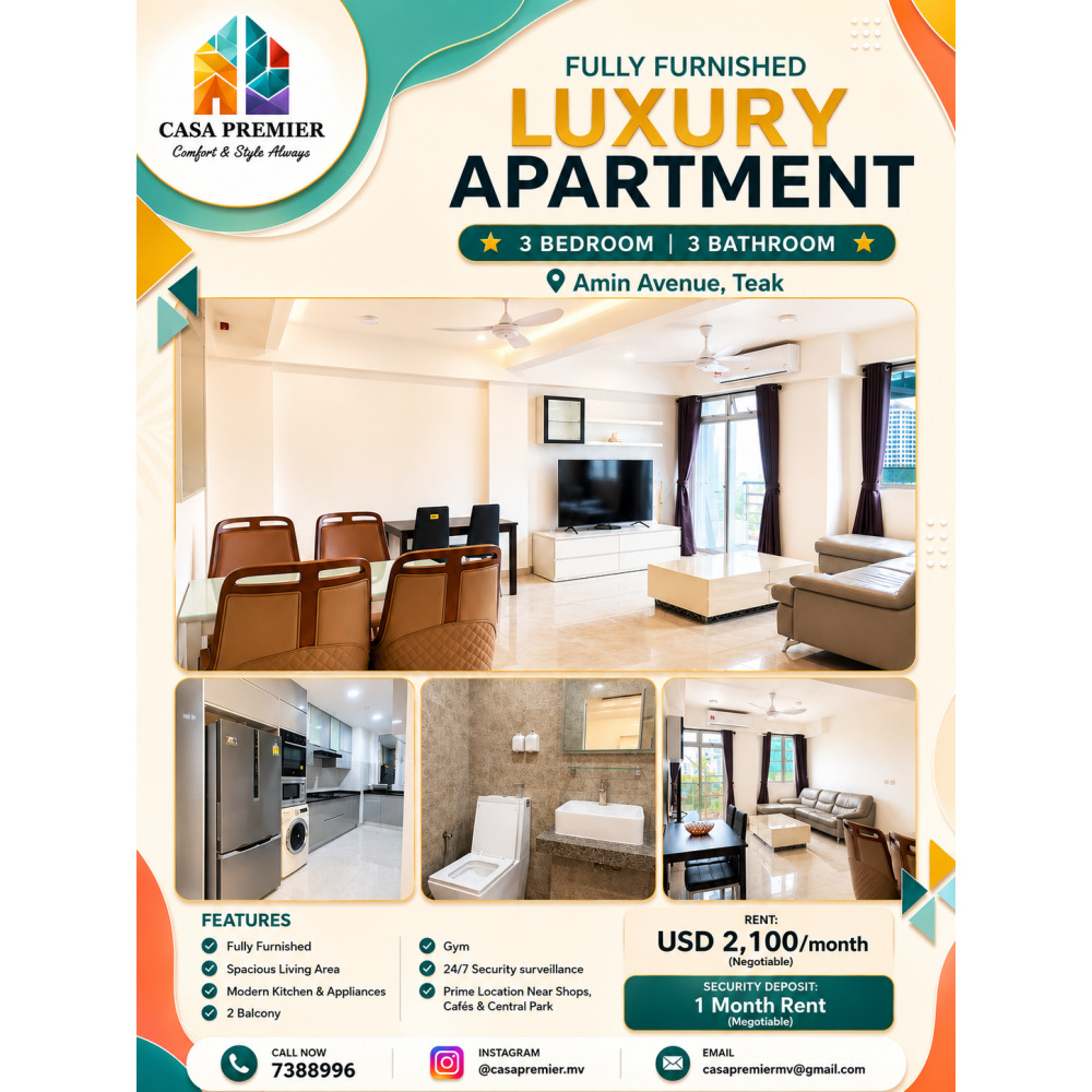 Luxury Fully Furnished 3 Bedroom Apartment for Rent Amin Avenue Teak — Hulhumalé