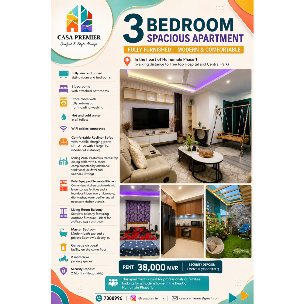 Fully Furnished 3BR Apartment for Rent | Hulhumal Phase 1 | MVR 38,000 — Hulhumalé