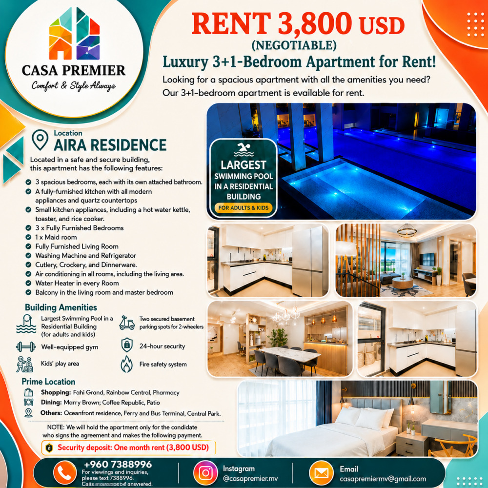 Luxury 3 Bedroom Apartment for Rent | AIRA Residence | Largest Pool — Hulhumalé