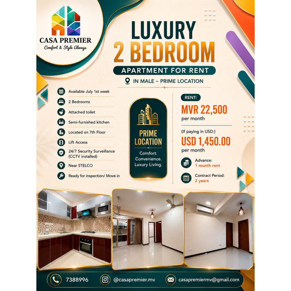 Luxury 2 Bedroom Semi-Furnished Apartment for Rent | Prime Location | Mal — Malé — Henveiru