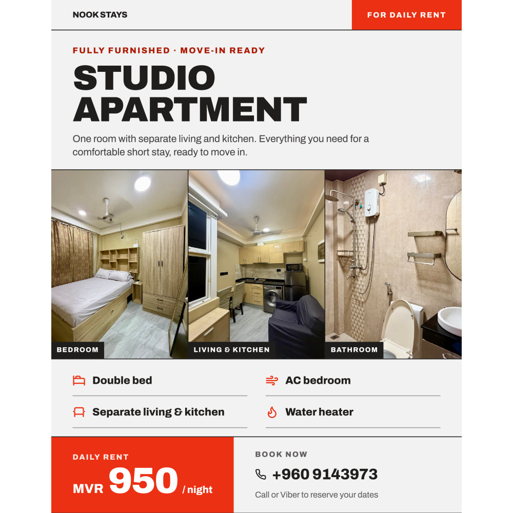 Fully furnished 1 room apartment | Daily Rent | Galolhu, Male. — Malé — Galolhu