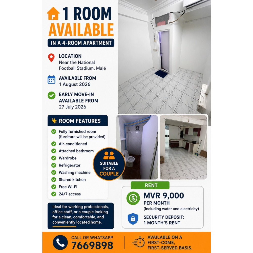 1 Room Available in a 4-Room Apartment — Malé — Galolhu