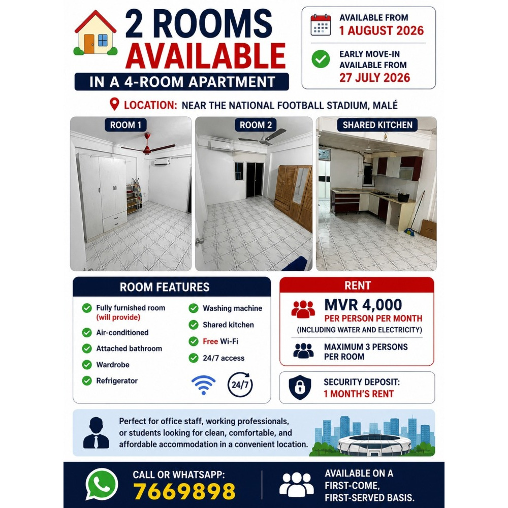 2 Rooms Available in a 4-Room Apartment — Malé — Galolhu