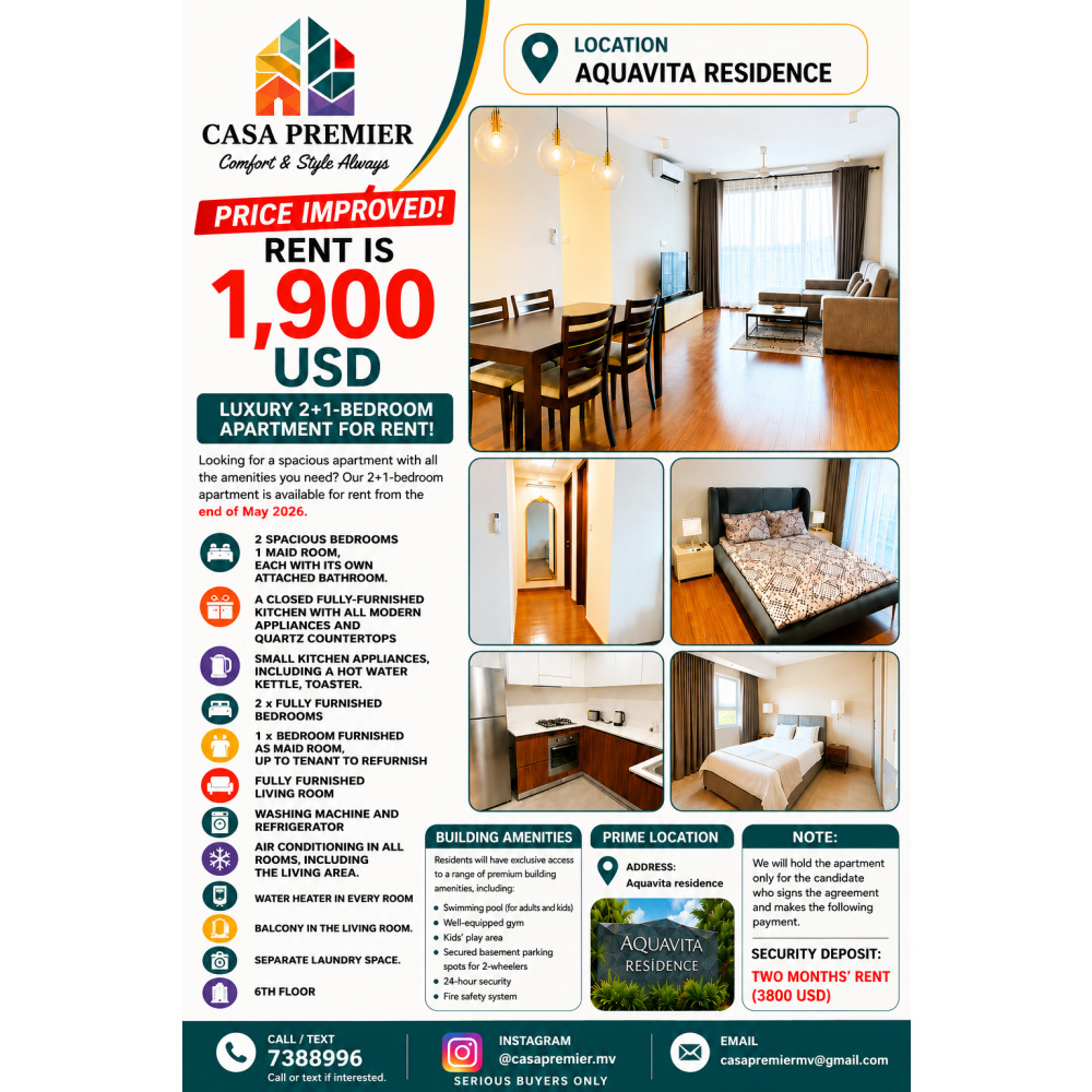 Luxury 2+1 Bedroom Apartment for Rent Aquavita Residence — Hulhumalé