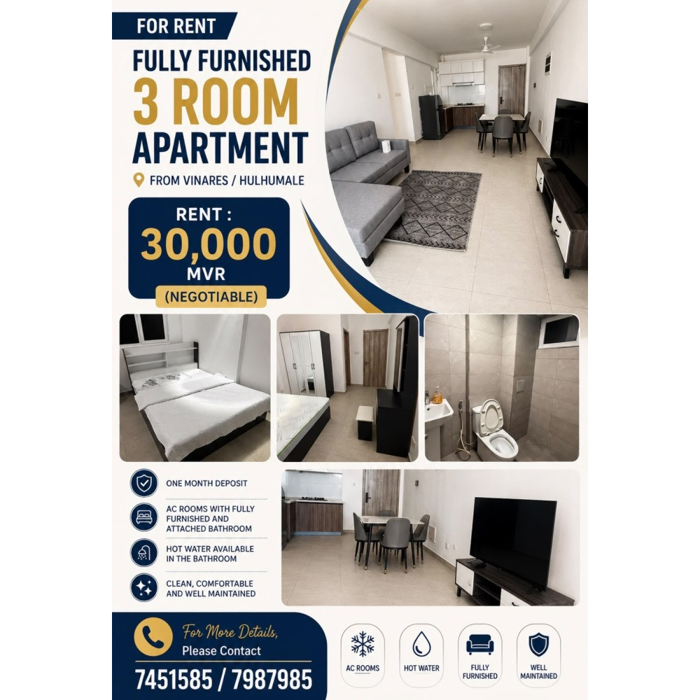 Fully furnished 3 bedroom Apartment for rent! Please call — Hulhumalé