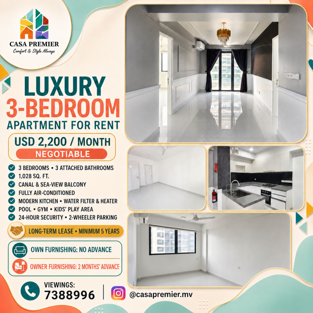 Luxury 3-Bedroom Apartment for Rent in Hulhumal USD 2,200 — Hulhumalé