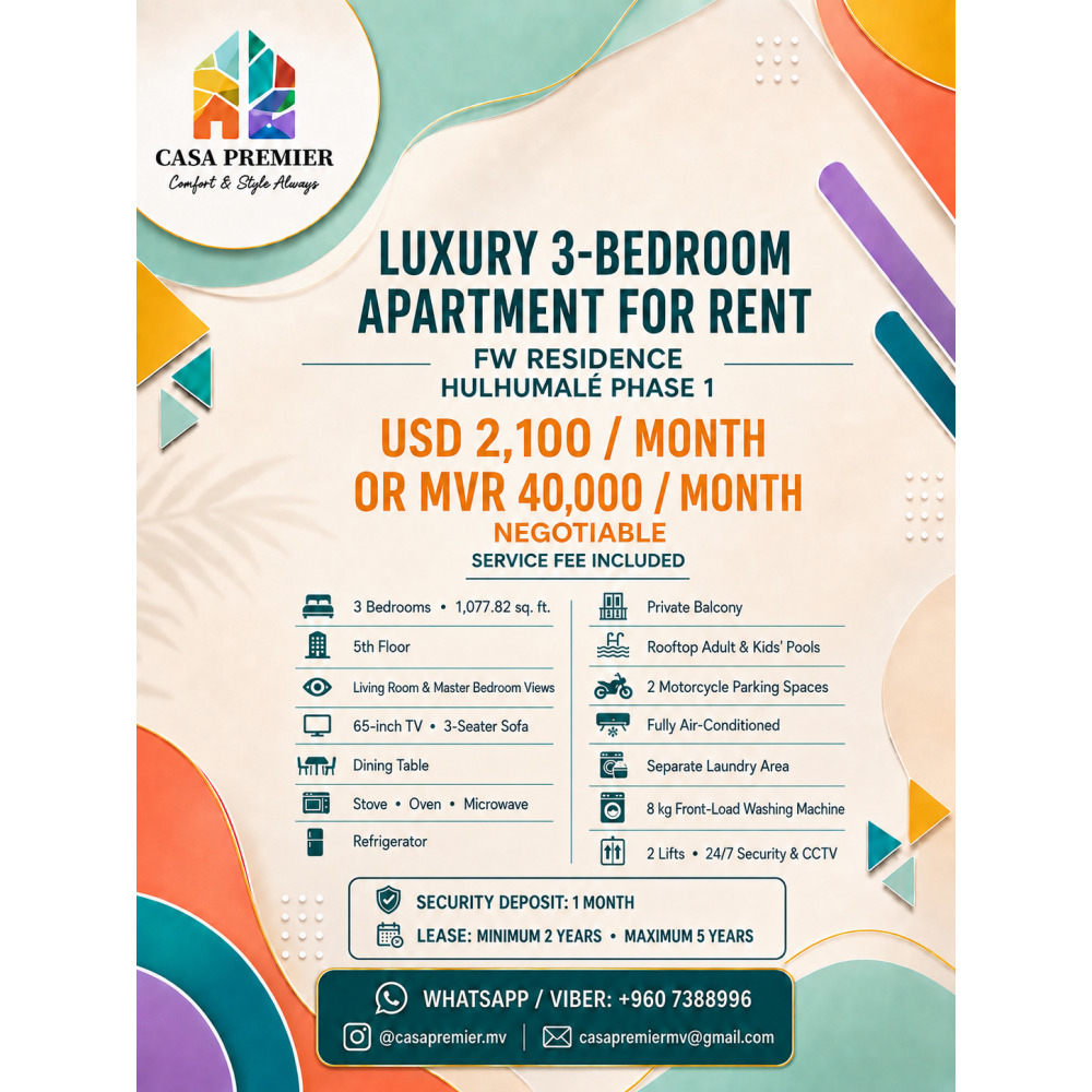 Luxury 3-Bedroom Apartment for Rent at FW Residence, Hulhumal — Hulhumalé