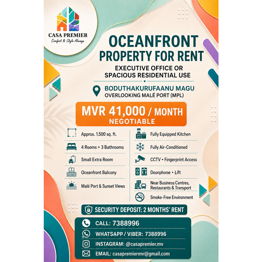 Premium Oceanfront Property for Rent Ideal for Office or Residence — Malé — Maafannu