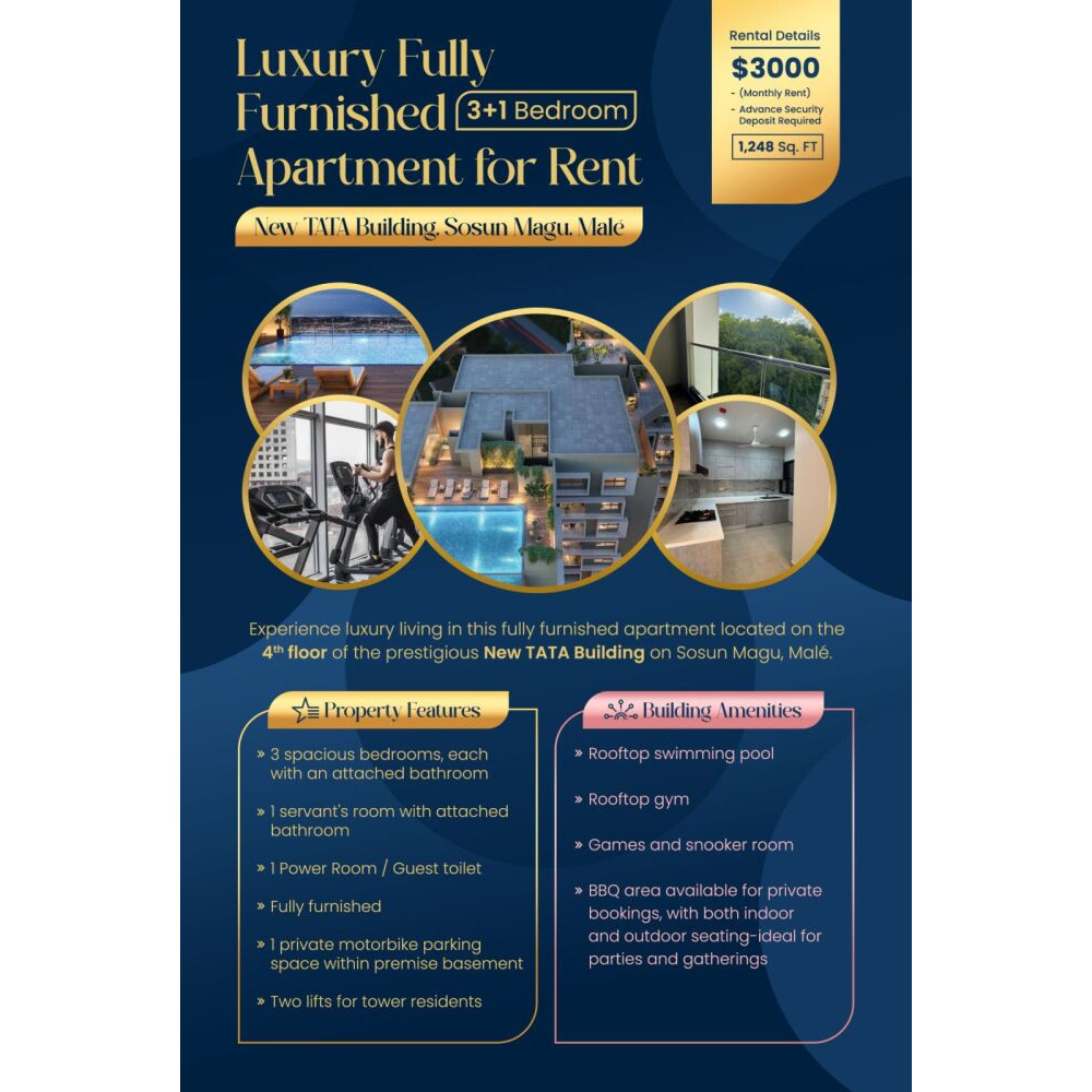 Premium 3+1 Bedroom Luxury Apartment in New TATA Building, Sosun Magu — Malé — Henveiru