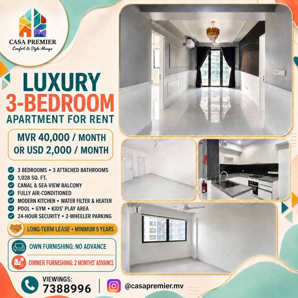 Luxury 3-Bedroom Apartment for Rent in Hulhumale USD 2,000 — Hulhumalé