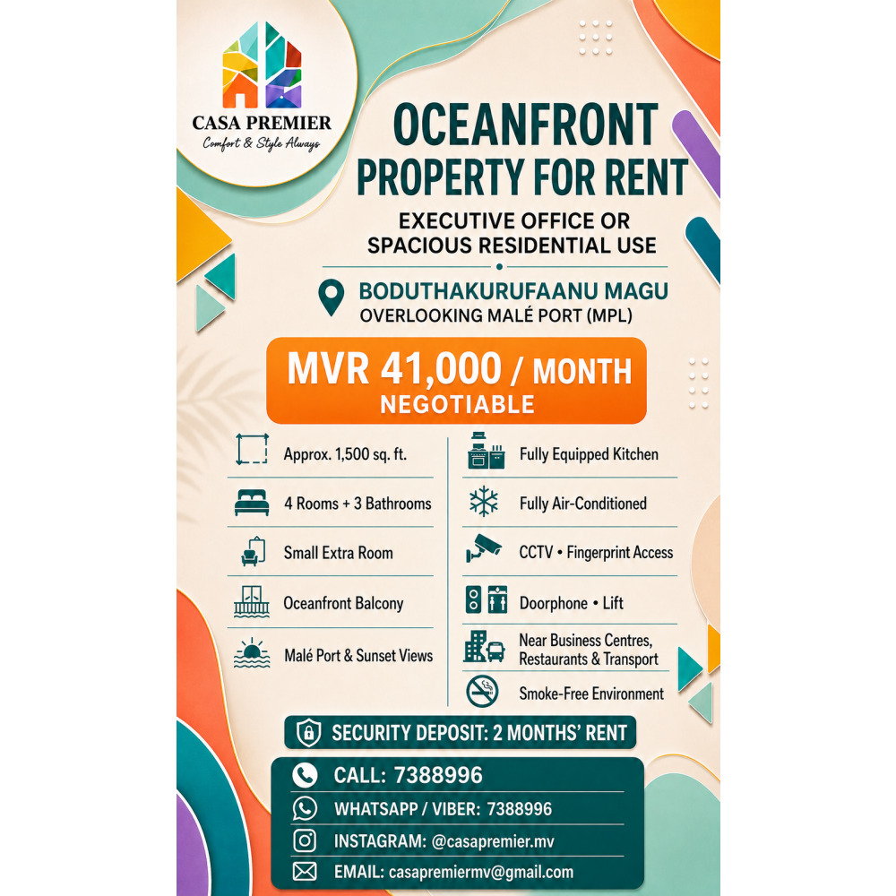Premium Oceanfront Property for Rent Ideal for Office or Residence — Malé — Maafannu