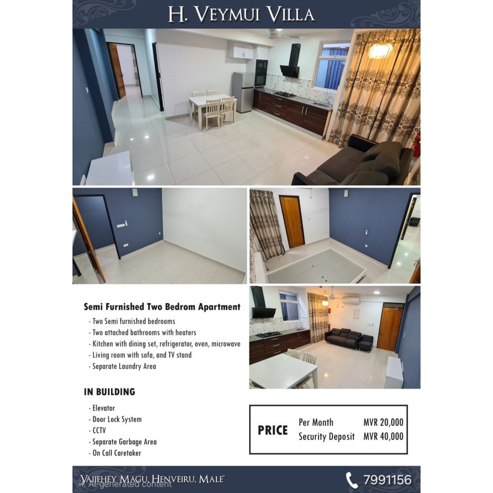 2 bedrooms apartment for rent — Malé — Henveiru