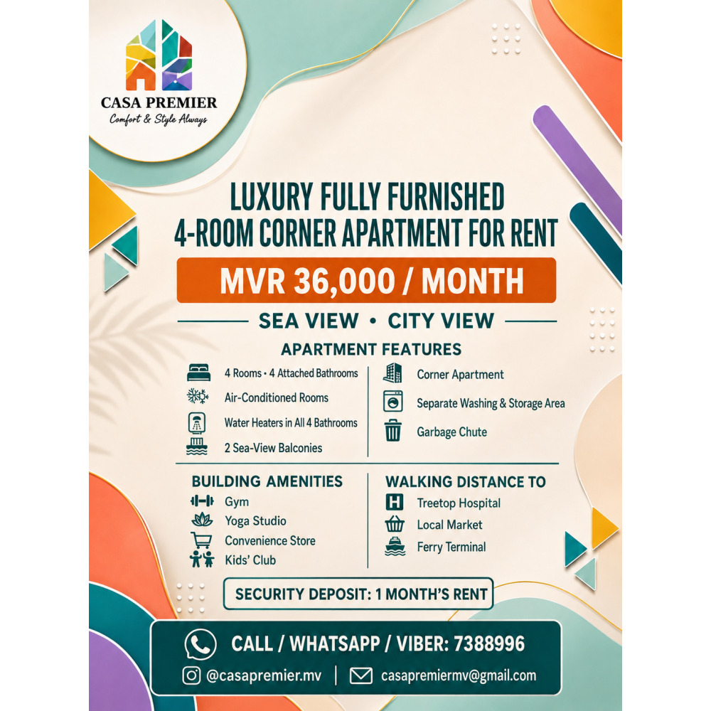 Fully Furnished 4-Room Sea-View Corner Apartment for Rent MVR 36,000 — Hulhumalé