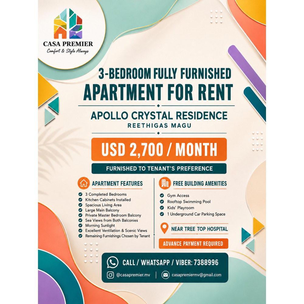 Fully Furnished 3-Bedroom Sea-View Apartment at Apollo Crystal Residence — Hulhumalé