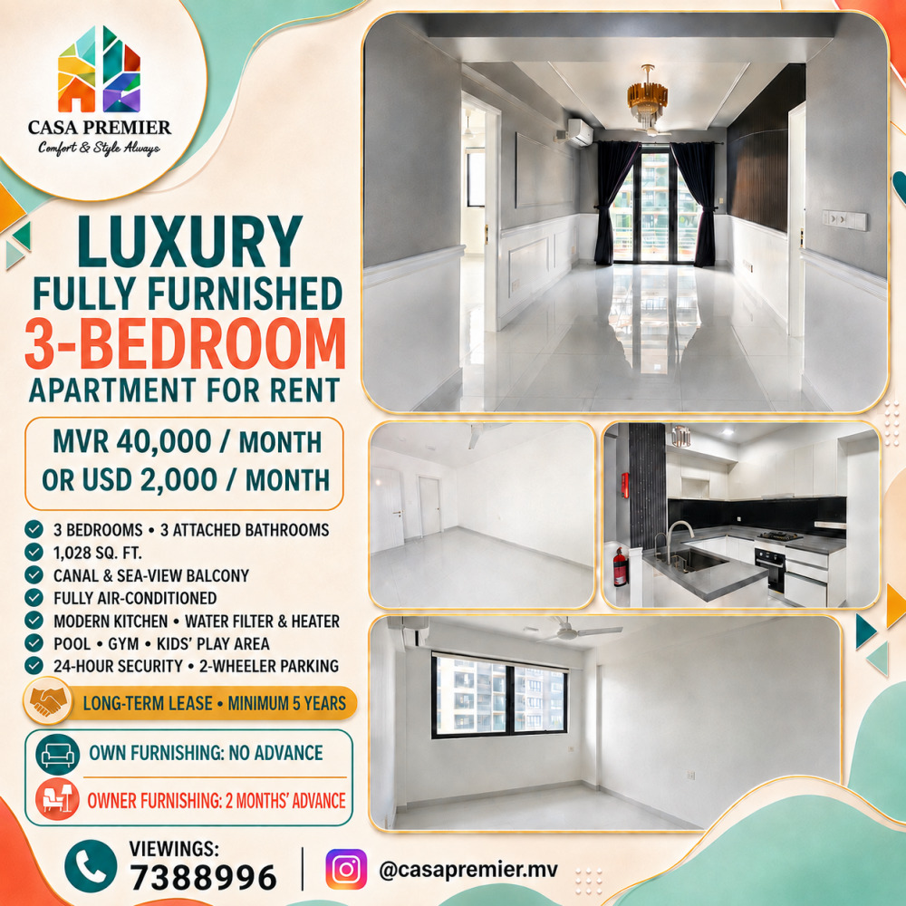 Luxury Fully Furnished 3-Bedroom Apartment for Rent USD 2,000 — Hulhumalé