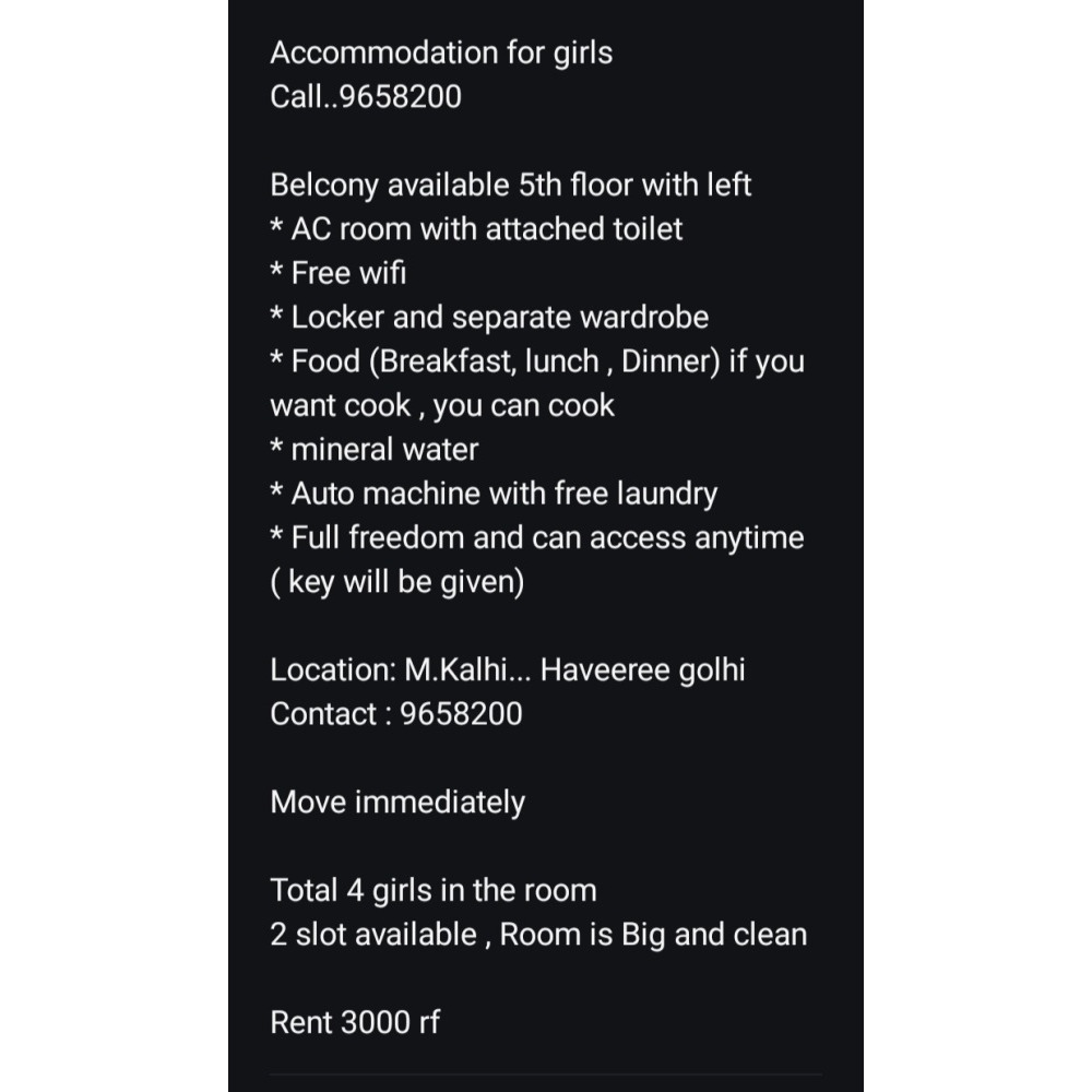 Accomodation for girls- working/studying girls — Malé — Maafannu
