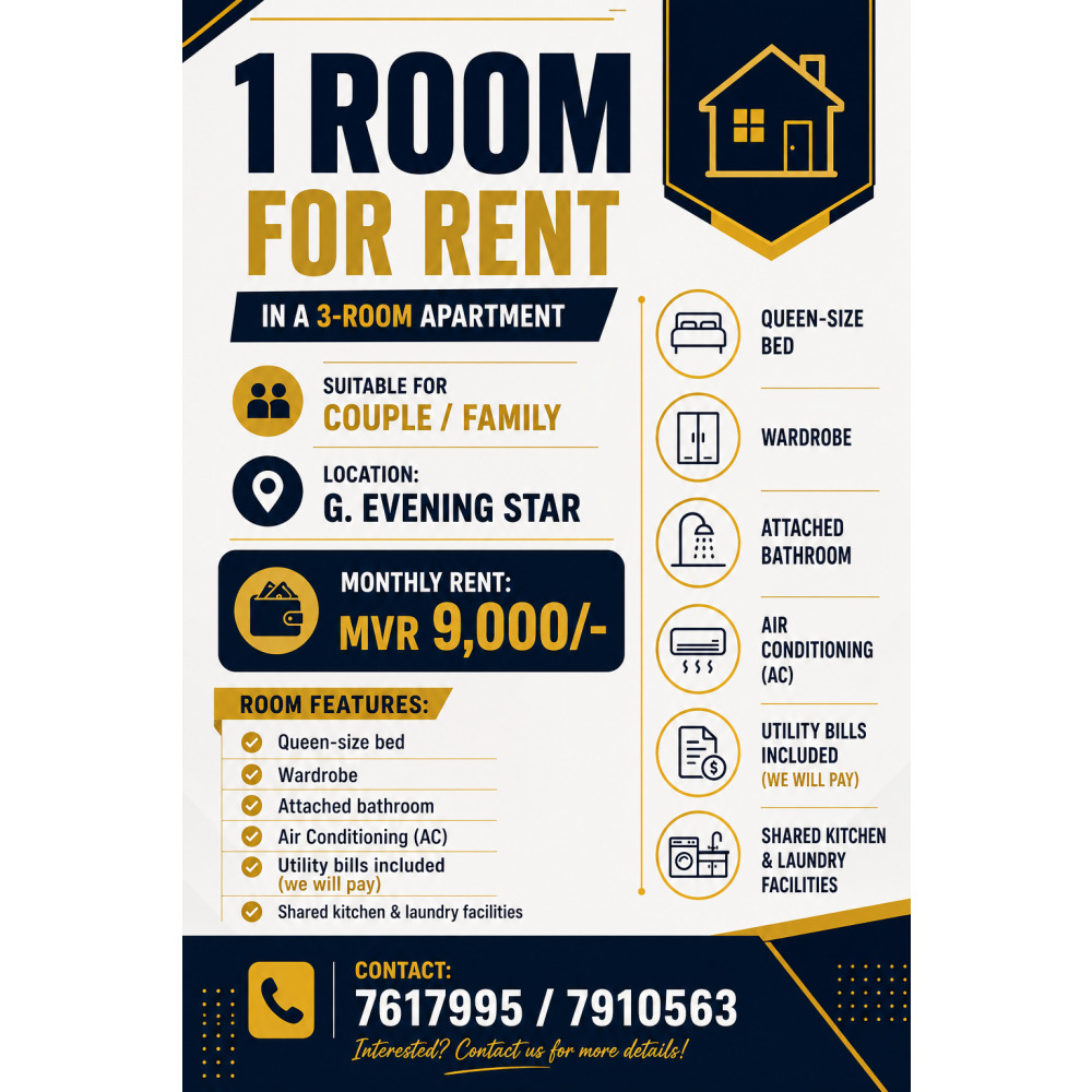 1 ROOM FOR RENT IN A 3-ROOM APARTMENT — Malé — Galolhu