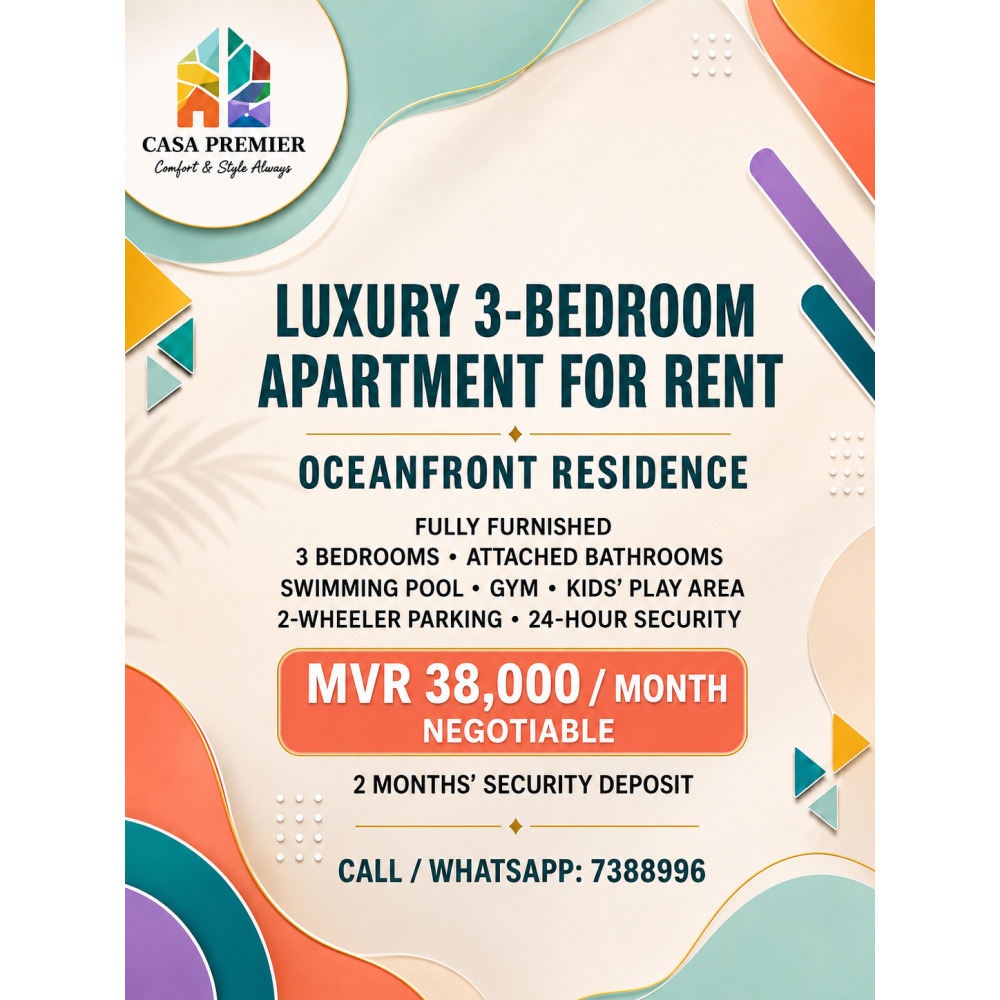Luxury Fully Furnished 3-Bedroom Apartment for Rent Oceanfront Residence — Hulhumalé