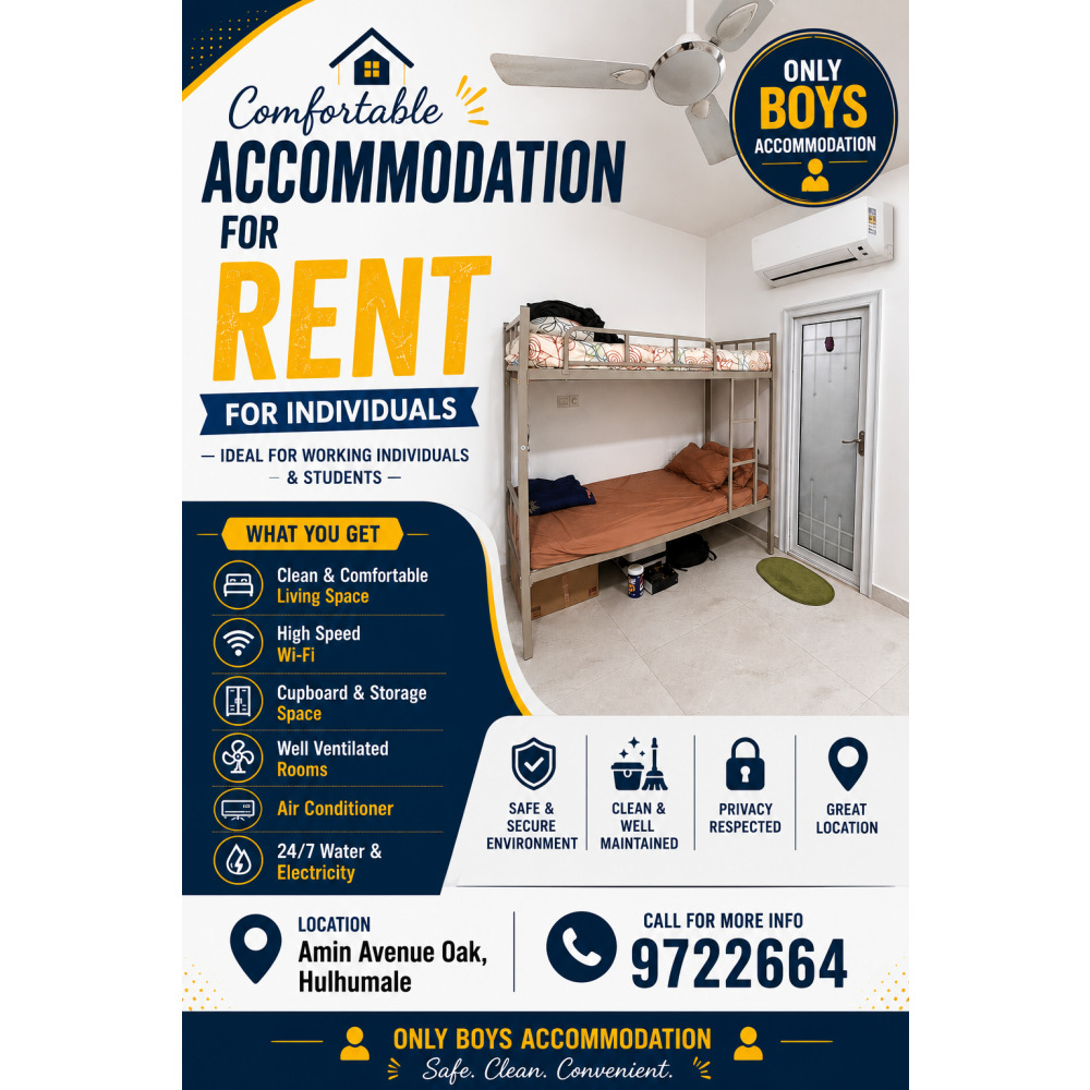 BOYS ACCOMMODATION PRE-BOOK NOW! — Hulhumalé