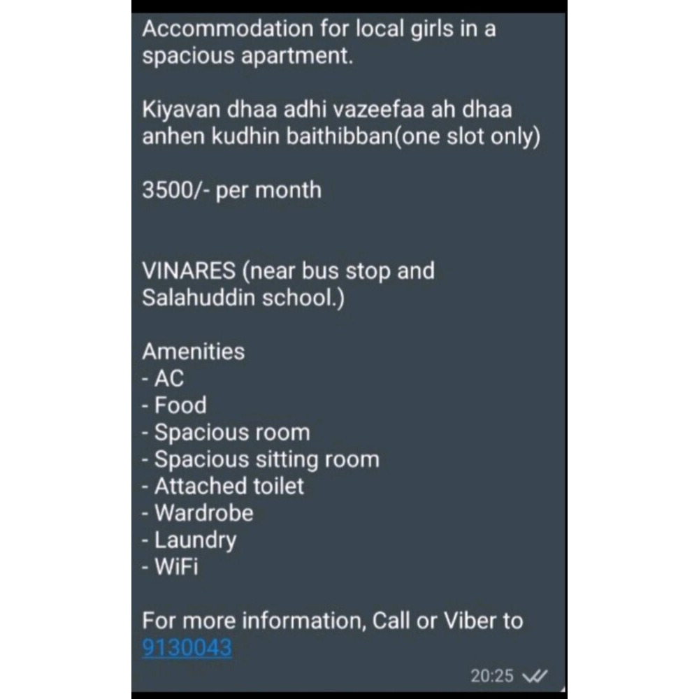 Accomodation for local girls in a spacious Apartment MVR 3,500.00 — Hulhumalé