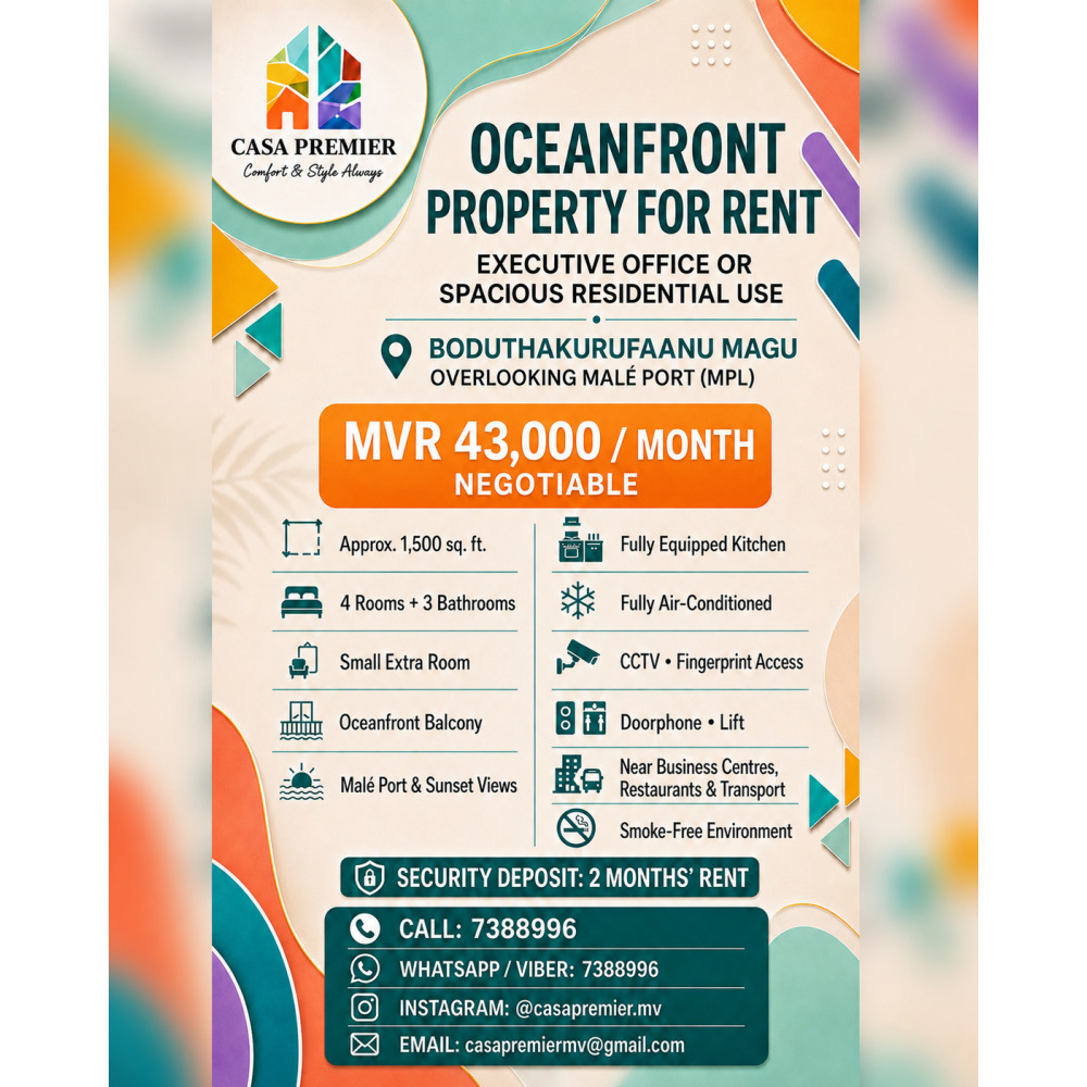 Premium Oceanfront Property for Rent Ideal for Office or Residence — Malé — Henveiru