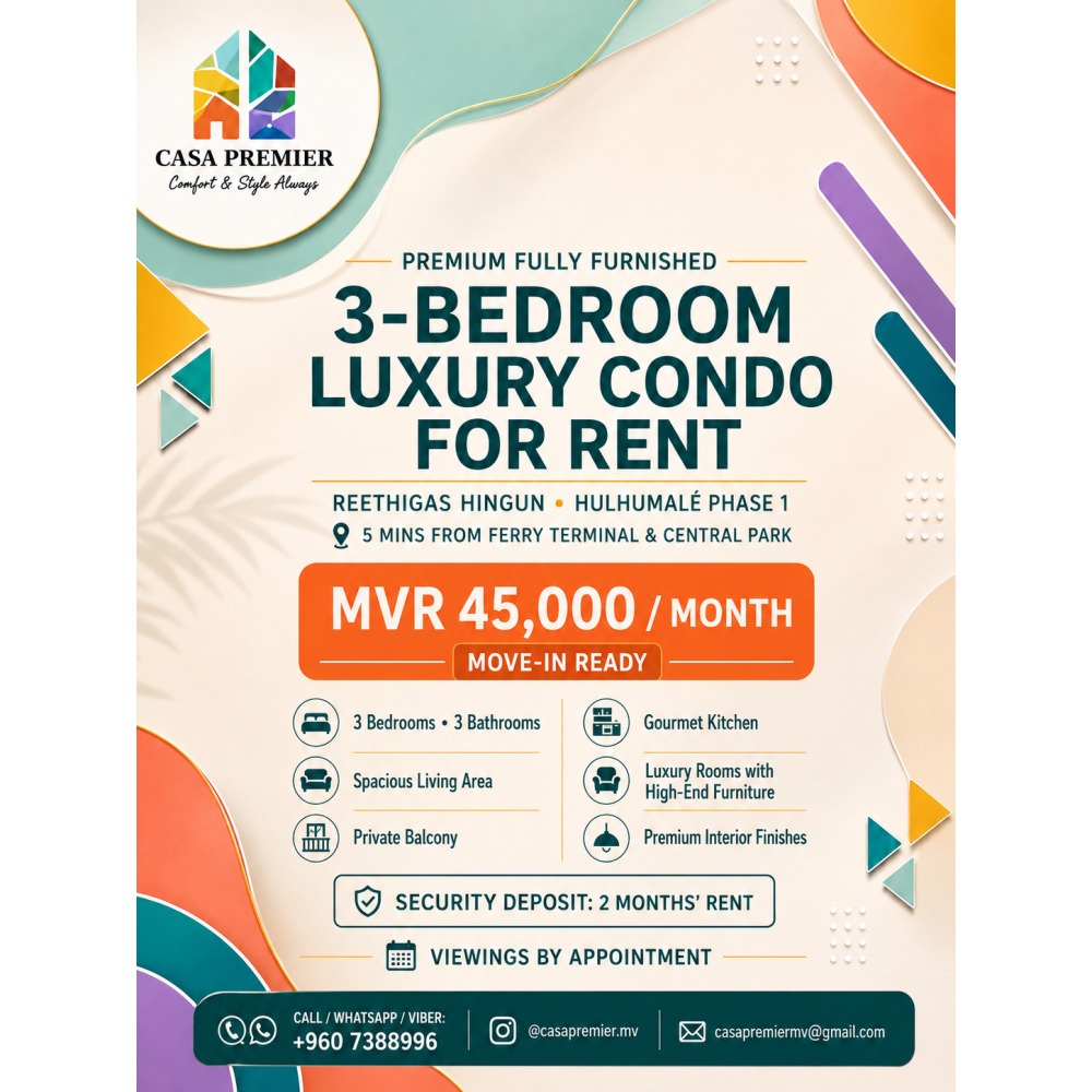 Premium Fully Furnished 3BR Luxury Apartment for Rent Reethigas Hingun — Hulhumalé