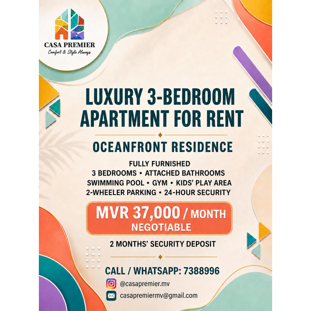 Luxury Fully Furnished 3-Bedroom Apartment for Rent Oceanfront Residence — Hulhumalé