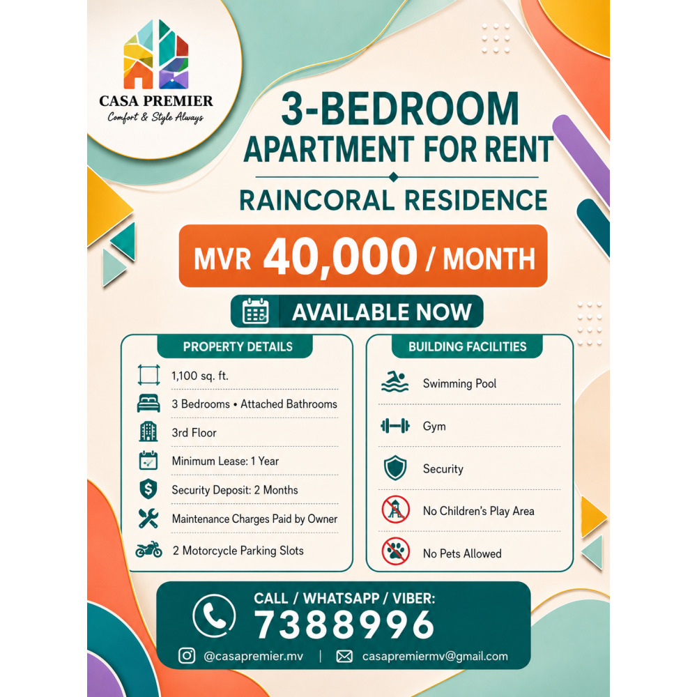 3BR Luxury Apartment for Rent at Raincoral Residence 3rd Floor — Hulhumalé