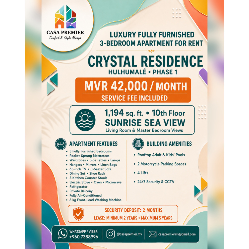 Luxury Fully Furnished 3BR Apartment for Rent Crystal Residence, Hulhumale — Hulhumalé