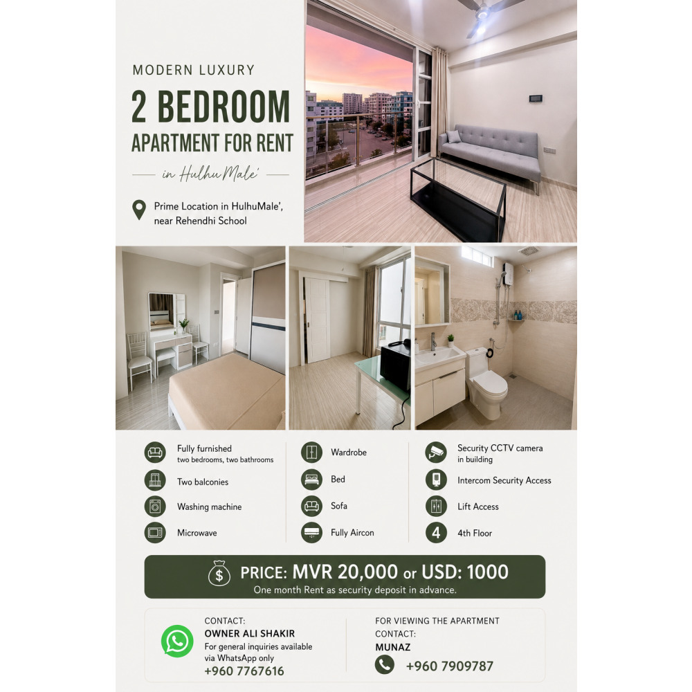 For Rent: Modern Fully Furnished 2 Bedroom Apartment in HulhuMale' — Hulhumalé