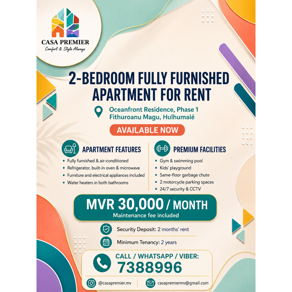 Fully Furnished 2-Bedroom Apartment at Oceanfront Residence MVR 33,000 — Hulhumalé
