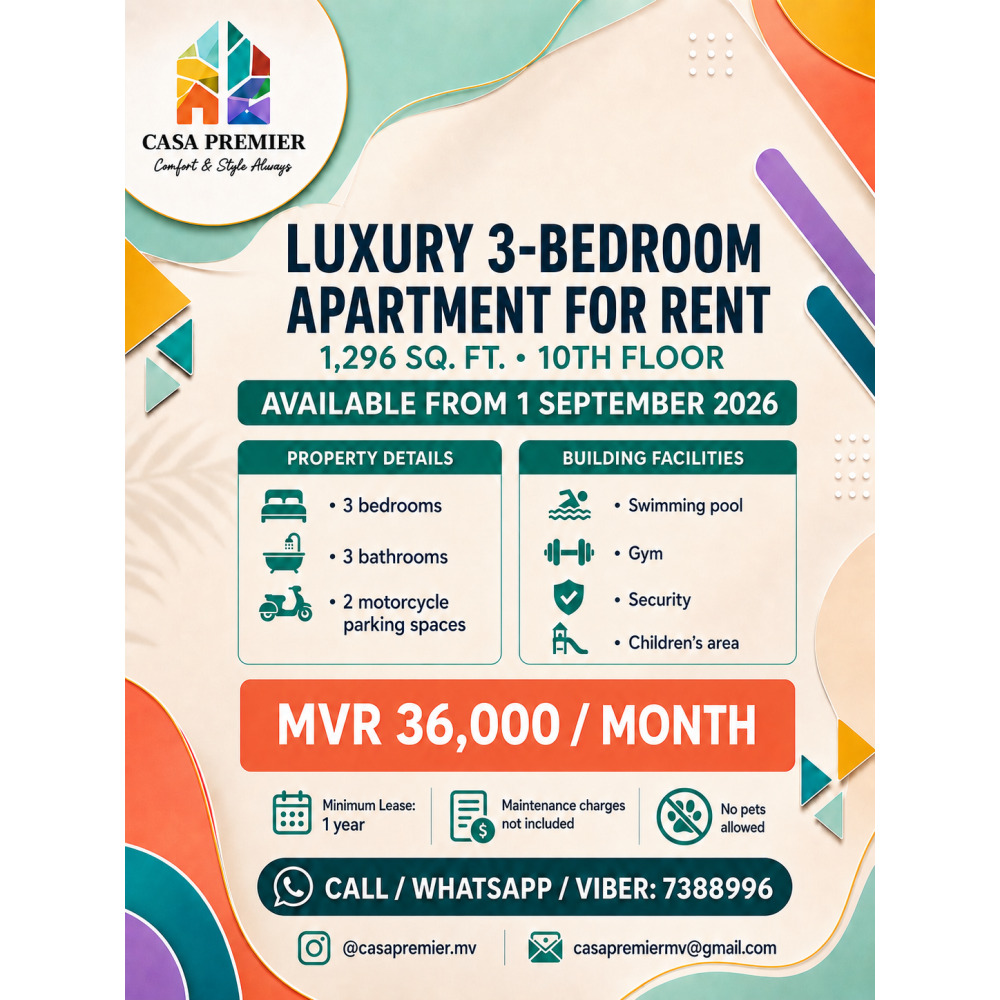 Luxury 3-Bedroom Apartment for Rent 10th Floor, 36,000 MVR — Hulhumalé