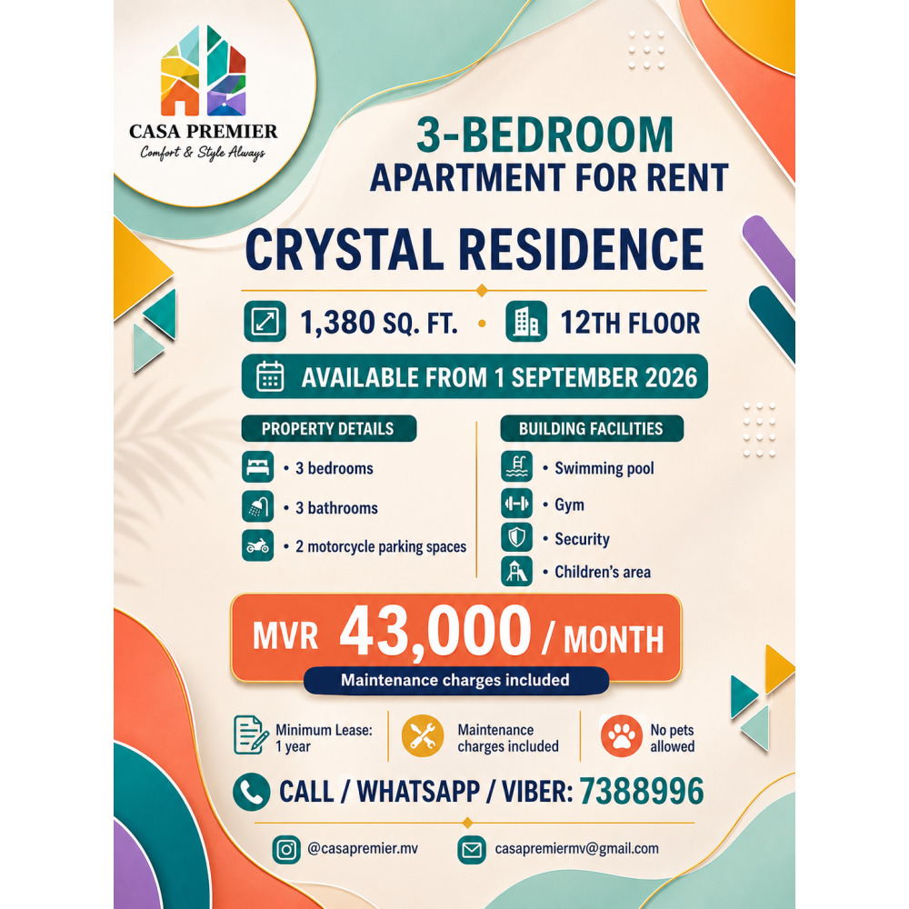 3-Bedroom Apartment for Rent at Crystal Residence 12th Floor — Hulhumalé