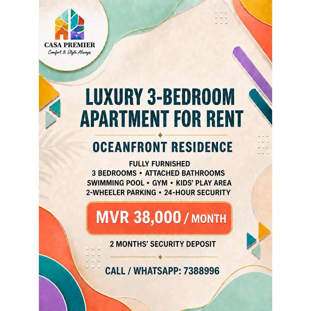 Luxury Fully Furnished 3BR Apartment for Rent at Oceanfront Residence — Hulhumalé