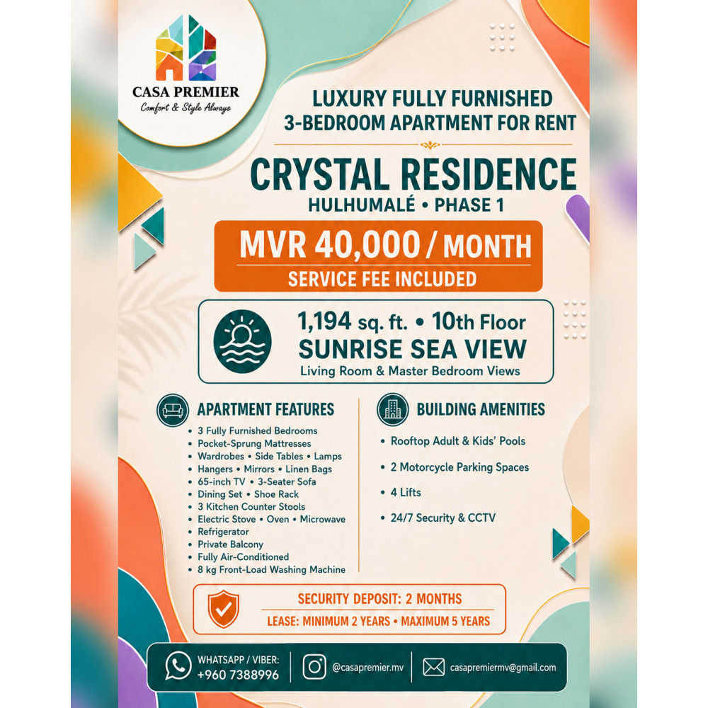 Luxury Fully Furnished 3BR Apartment for Rent Crystal Residence, Hulhumale — Hulhumalé