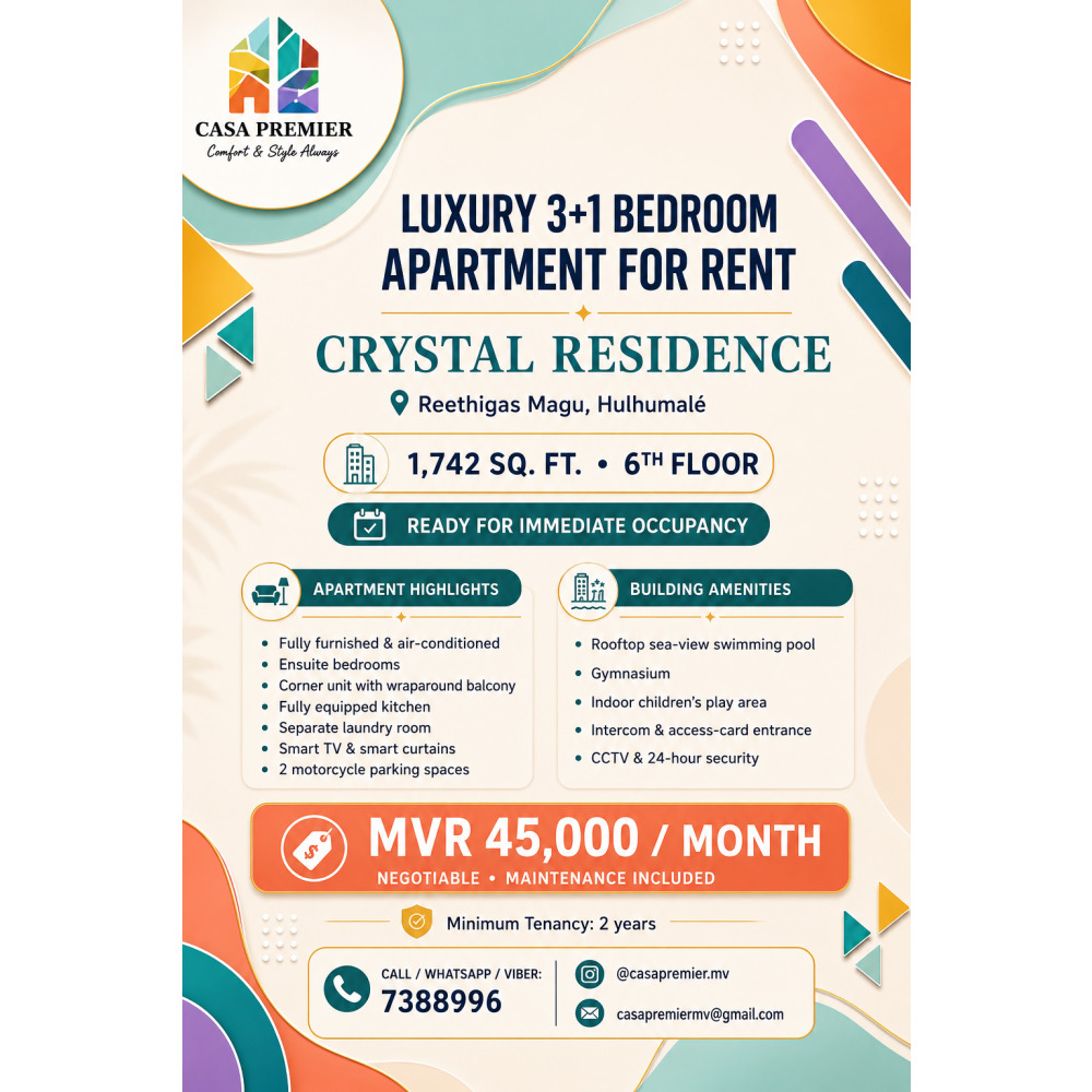 Luxury Fully Furnished 3+1BR Apartment at Crystal Residence 1,742 Sq. Ft — Hulhumalé