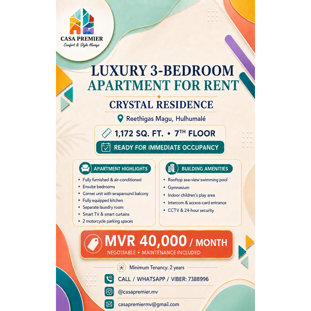 Luxury Fully Furnished 3BR Apartment at Crystal Residence MVR 40,000 — Hulhumalé
