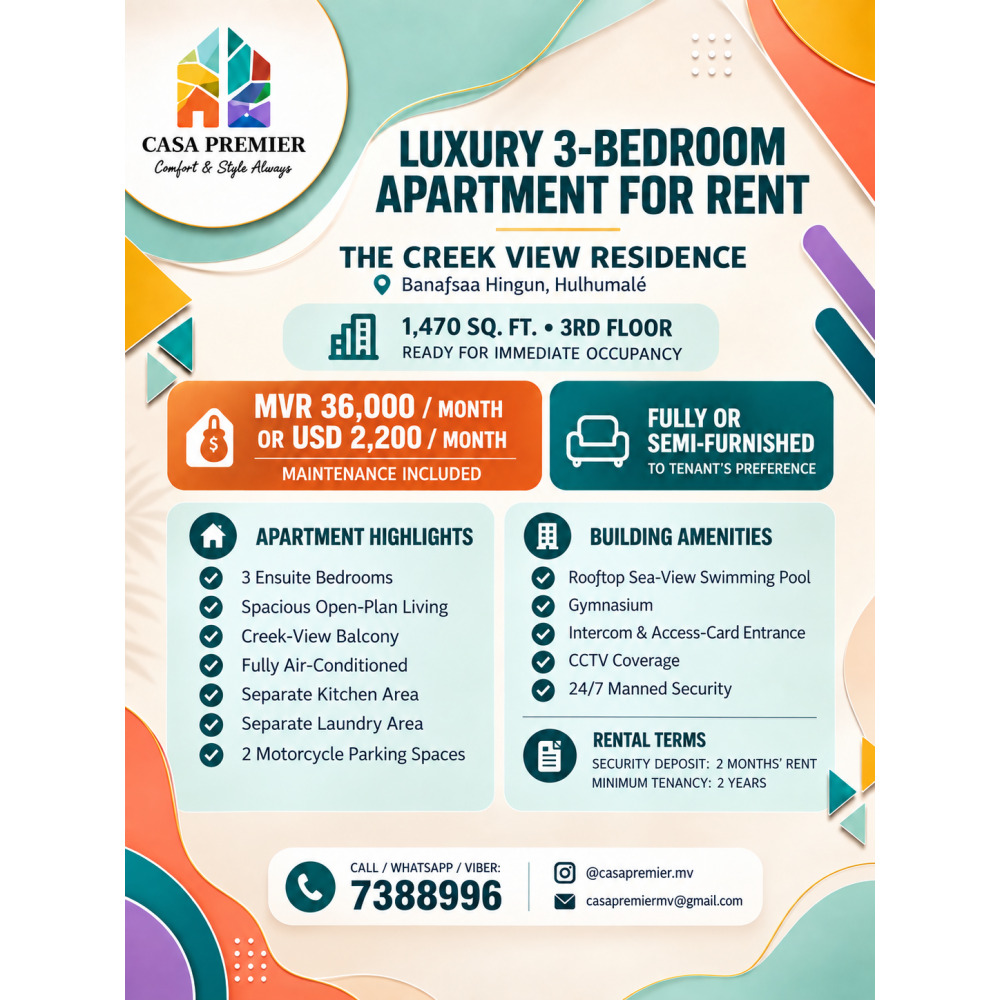 Luxury 3BR Creek-View Apartment for Rent The Creek View Residence — Hulhumalé