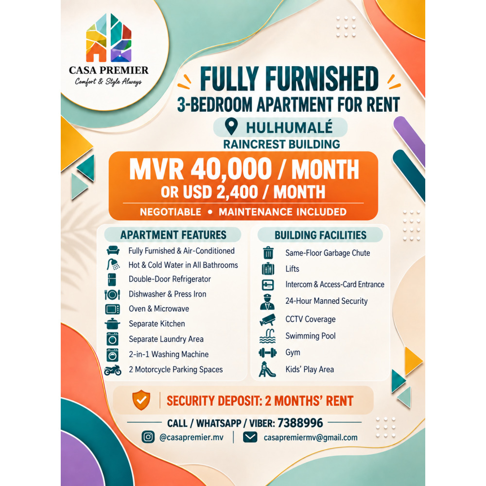 Fully Furnished 3BR Apartment for Rent at Raincrest Building, Hulhumal — Hulhumalé
