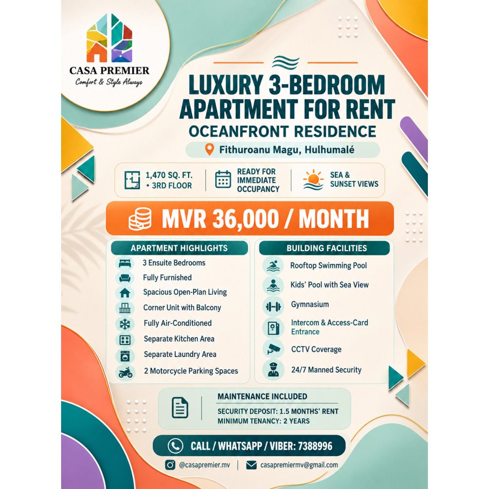 Luxury Fully Furnished 3BR Condominium for Rent at Oceanfront Residence — Hulhumalé
