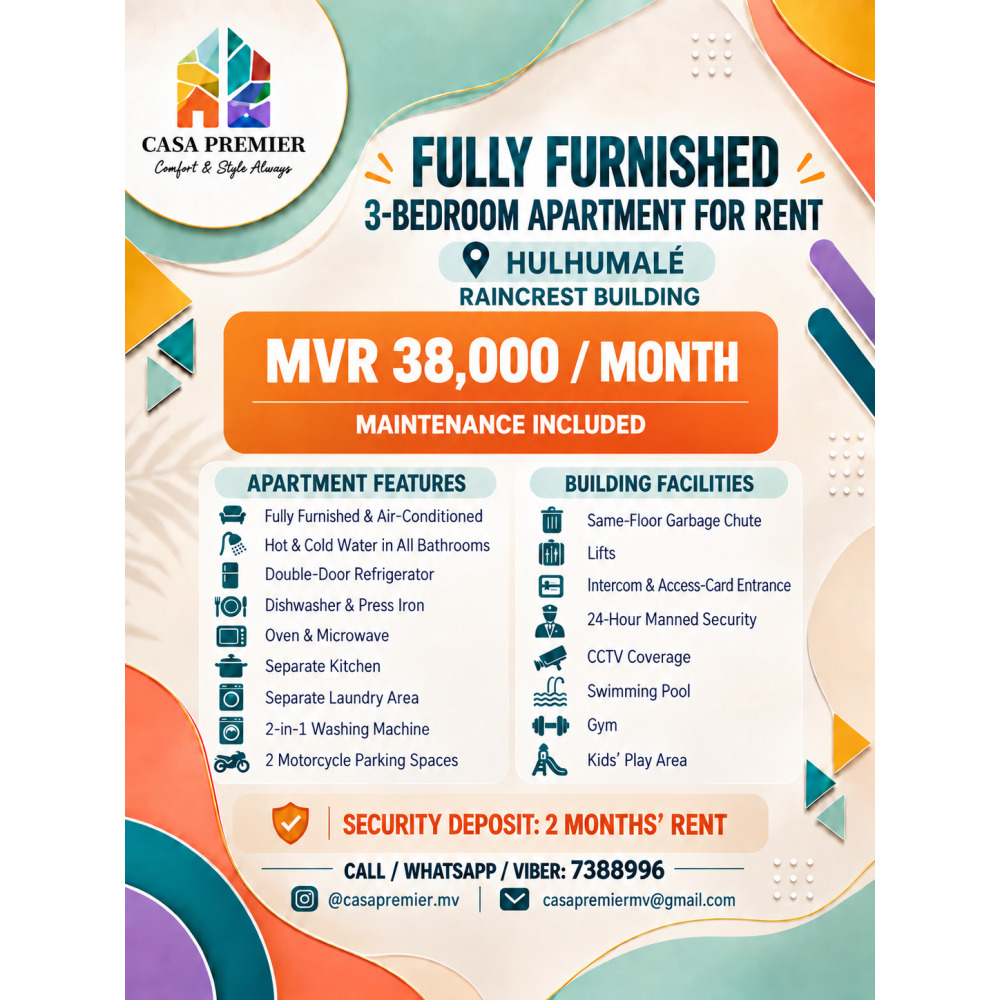 Fully Furnished 3BR Apartment for Rent at Raincrest Building, Hulhumale — Hulhumalé