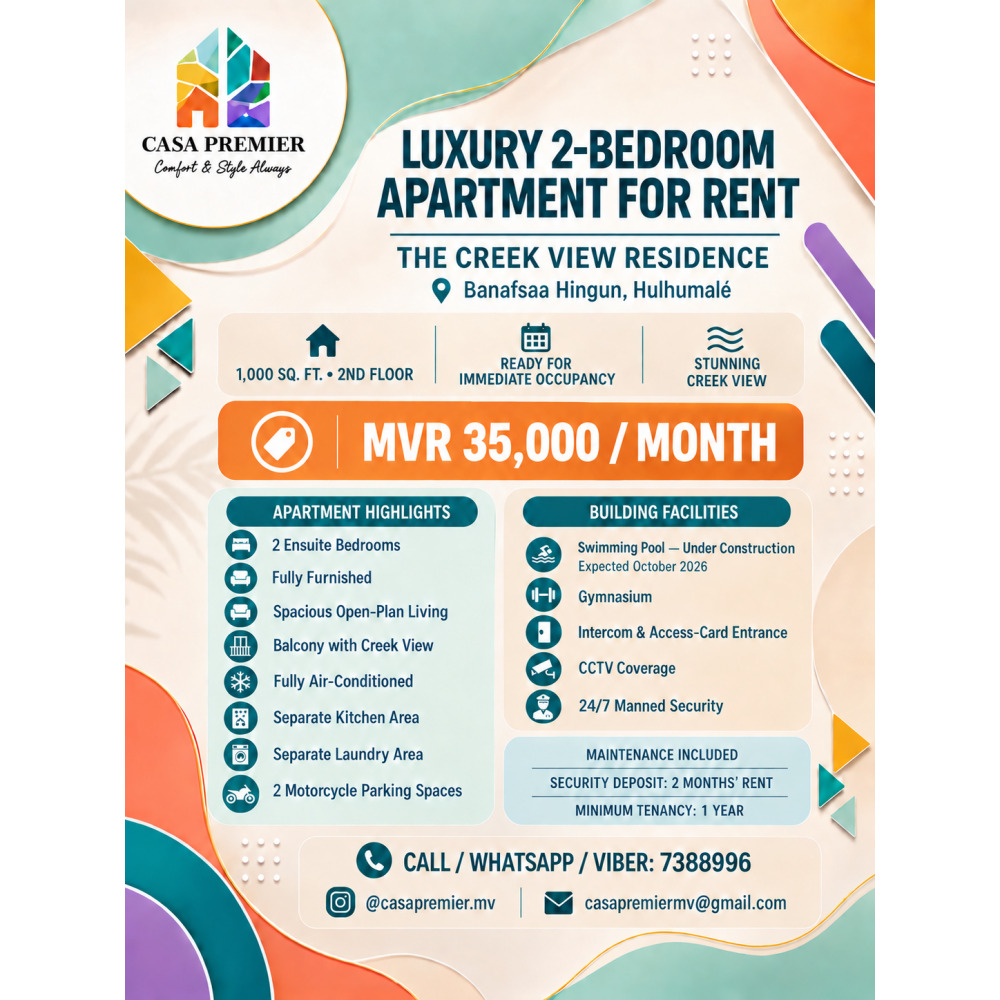 Luxury Fully Furnished 2-Bedroom Creek-View Apartment for Rent MVR 35,000 — Hulhumalé
