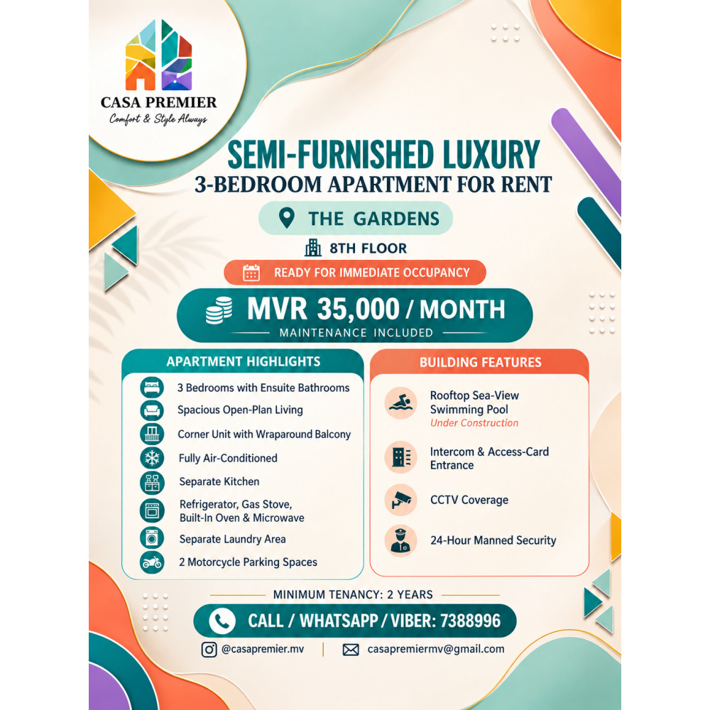 Semi-Furnished Luxury 3BR Apartment for Rent at The Gardens — Hulhumalé