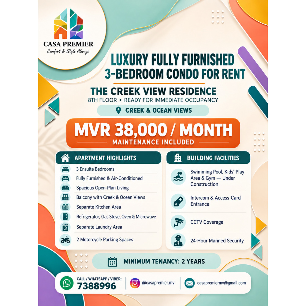 Fully Furnished 3-Bedroom Condo for Rent Creek View Residence | MVR 38,000 — Hulhumalé