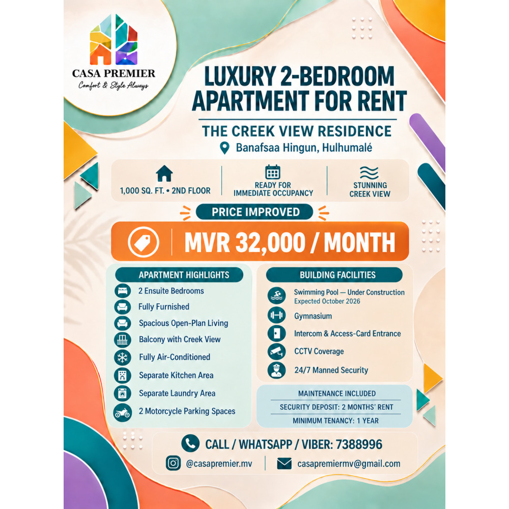 Price Improved: Fully Furnished 2BR Creek-View Apartment MVR 32,000 — Hulhumalé
