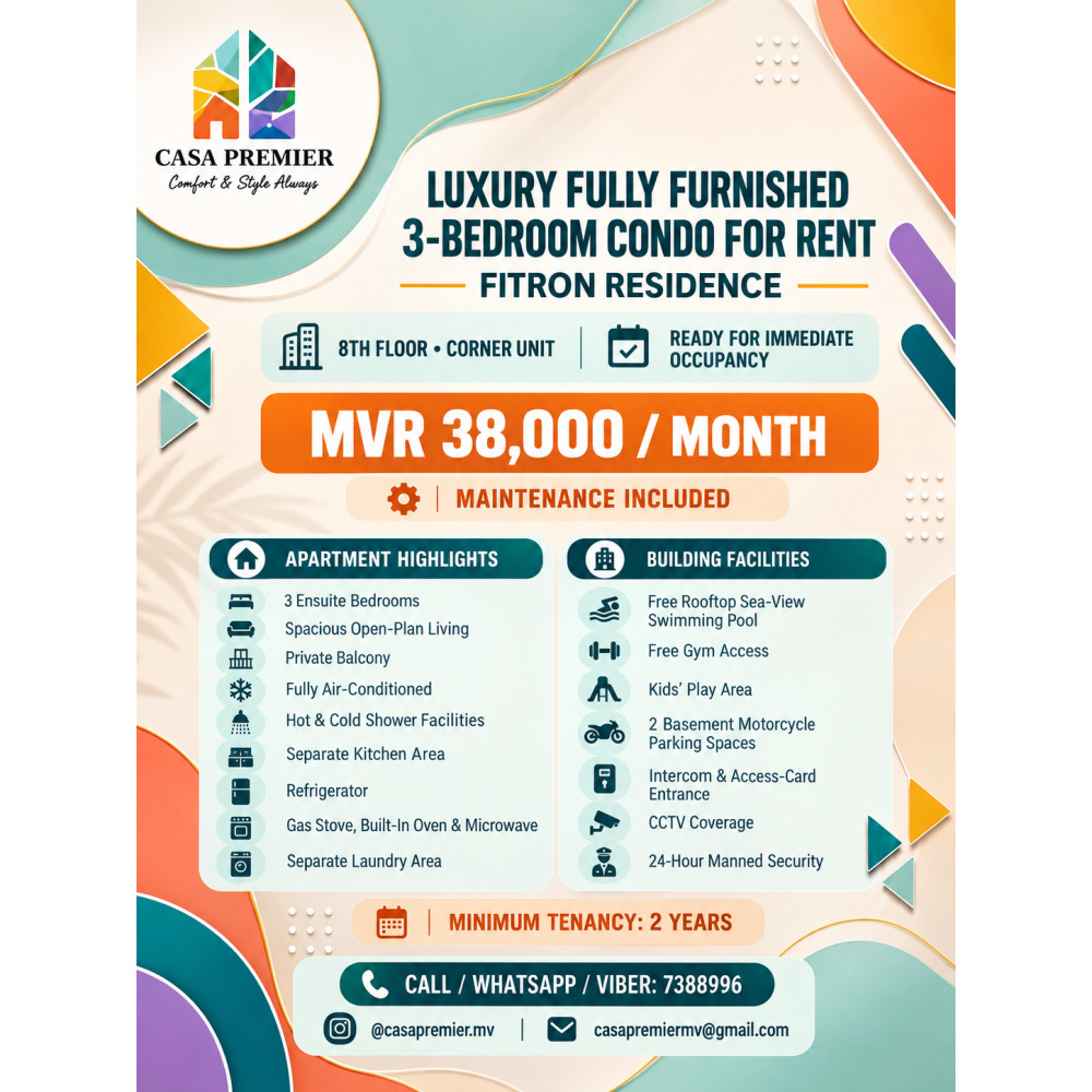 Luxury Fully Furnished 3-Bedroom Condo for Rent at Fitron Residence — Hulhumalé