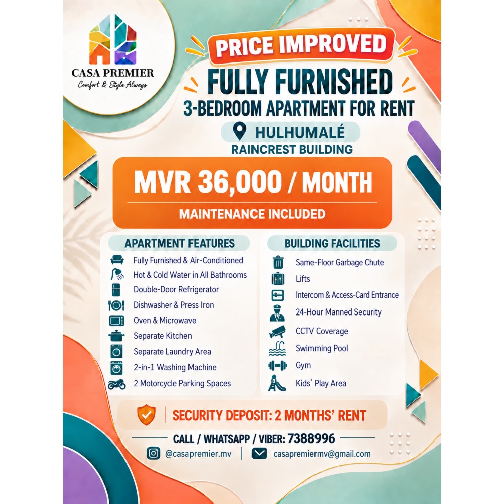 Fully Furnished 3BR Apartment for Rent at Raincrest Building, Hulhumale — Hulhumalé
