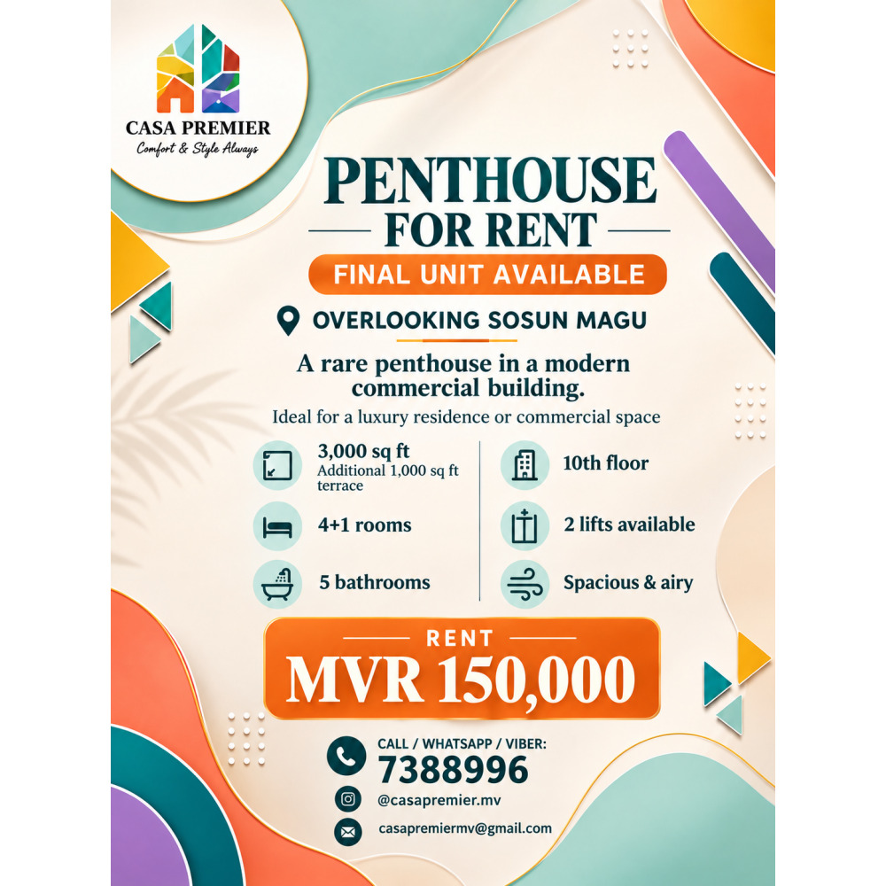 Penthouse for Rent Overlooking Sosun Magu Final Unit Available — Malé — Henveiru